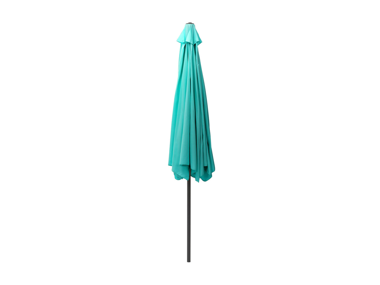 Turquoise 10ft round patio umbrella with tilting feature, aluminum pole, and UV-resistant fabric, perfect for outdoor shade on patios, decks, or gardens.