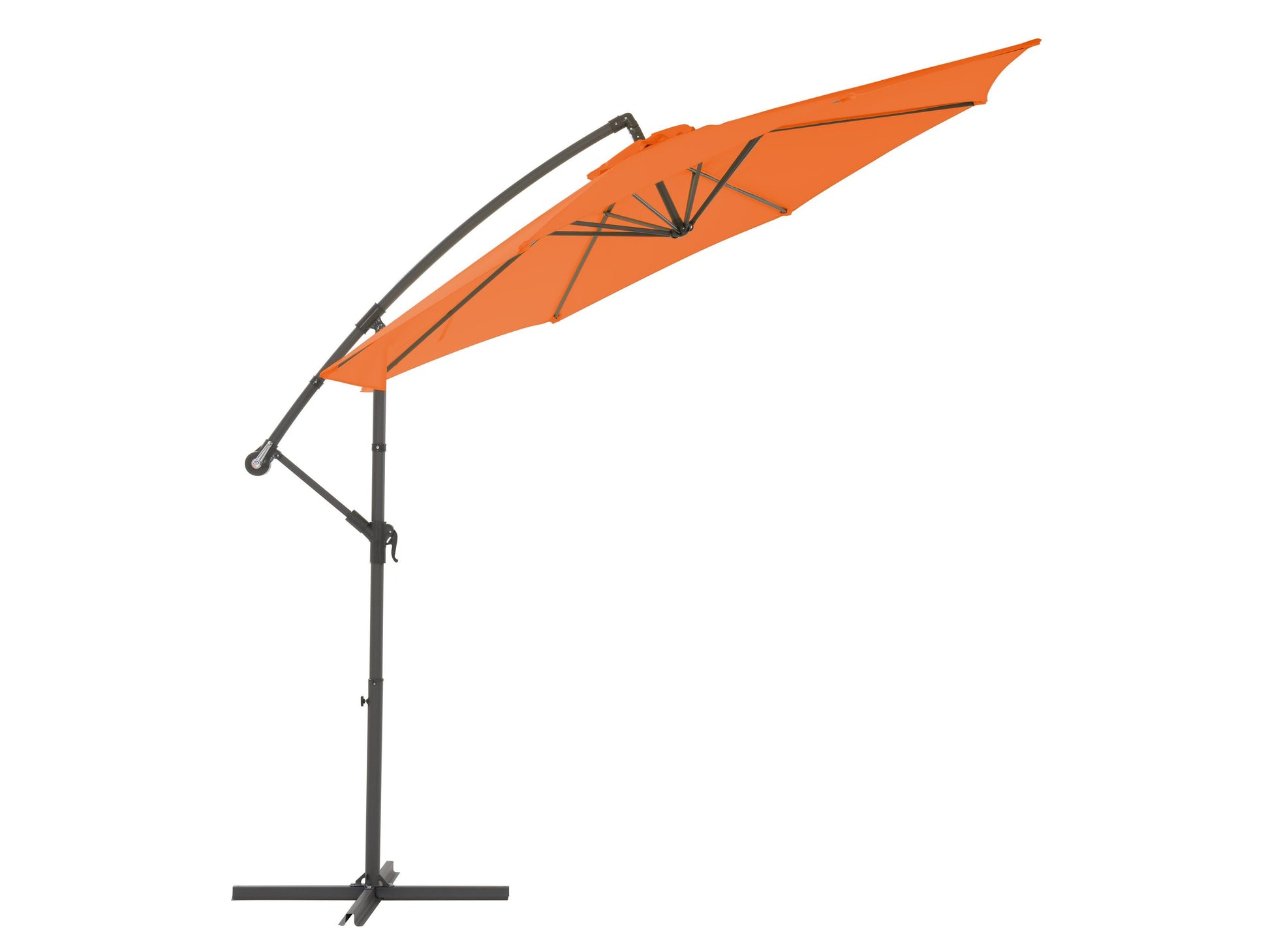 Orange 9.5ft tilting offset patio umbrella with sturdy aluminum frame, UV-resistant canopy, and easy-to-operate crank lift system, perfect for outdoor shade and patio decor.