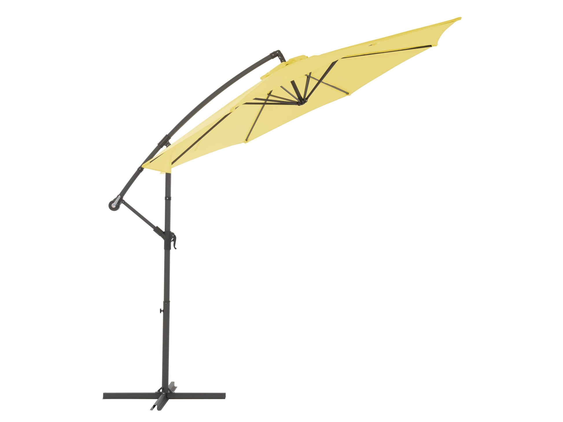 Yellow 9.5ft tilting offset patio umbrella with sturdy metal frame, adjustable tilt mechanism, and weather-resistant fabric, providing ample shade for outdoor spaces.
