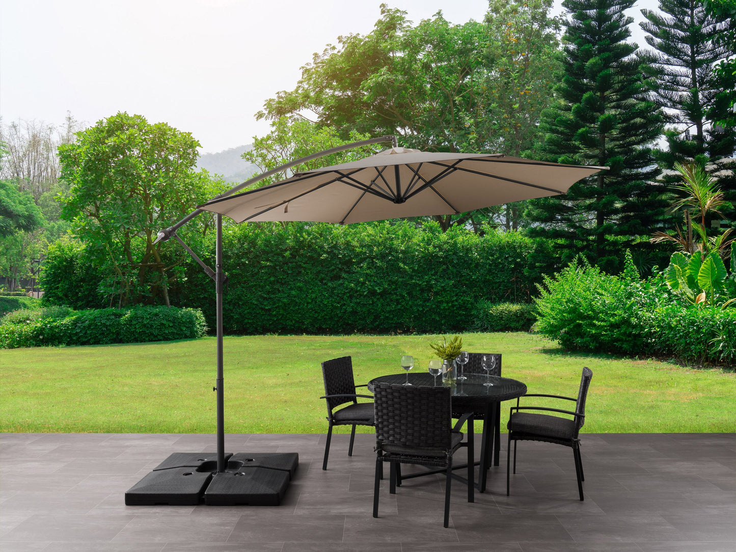 Brown 9.5ft tilting offset patio umbrella with durable polyester canopy, aluminum pole, and crank lift system for easy adjustment, perfect for providing shade in outdoor spaces.