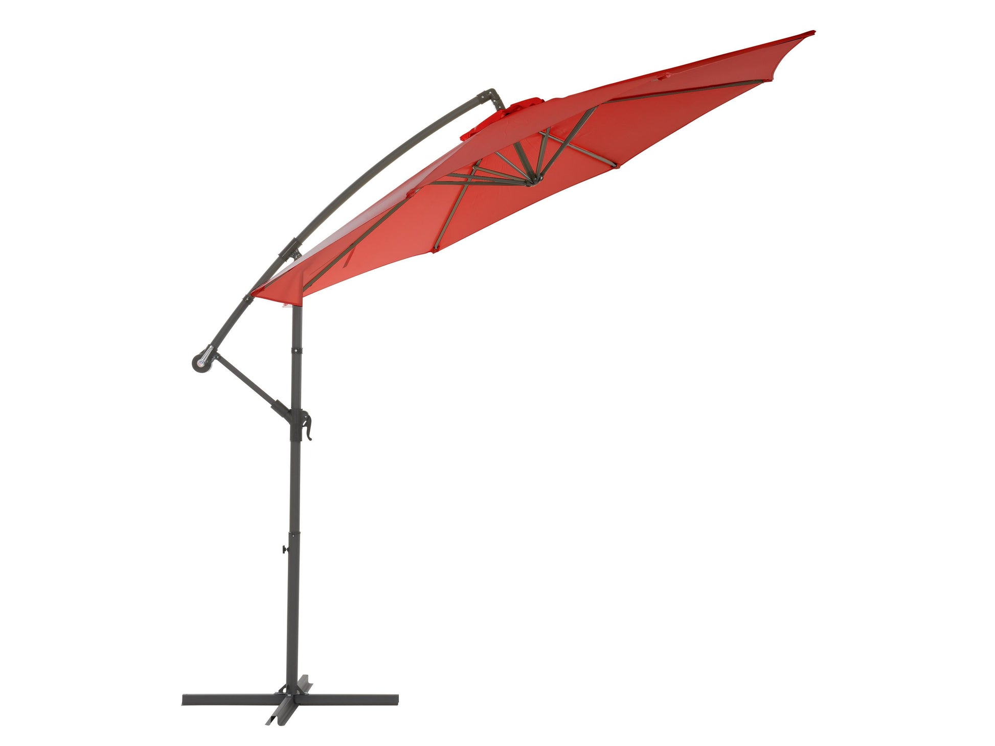 9.5ft crimson red offset patio umbrella with tilting feature, sturdy aluminum frame, UV-resistant fabric, and easy crank lift system, perfect for outdoor shade on patios and decks.