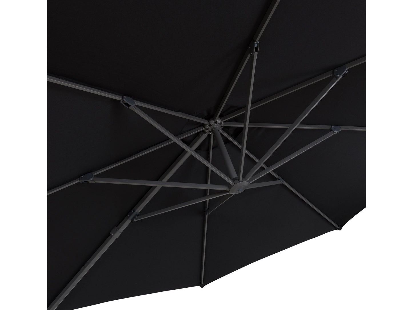 Black 11.5ft deluxe offset patio umbrella with sturdy aluminum frame, adjustable tilt, and UV-resistant canopy, providing ample shade for outdoor seating areas.