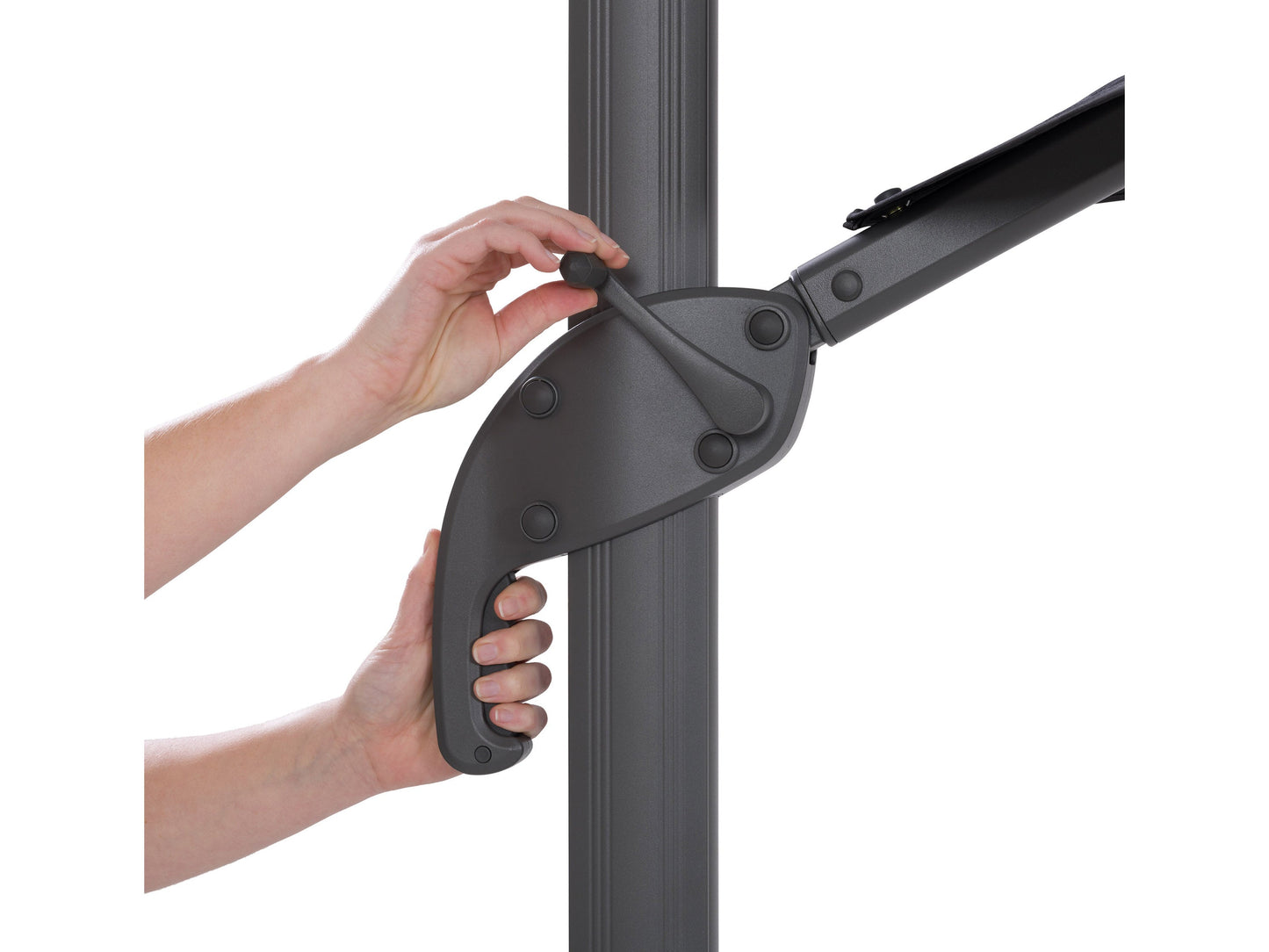 Black 11.5ft deluxe offset patio umbrella with sturdy aluminum frame, adjustable tilt, and UV-resistant canopy, providing ample shade for outdoor seating areas.