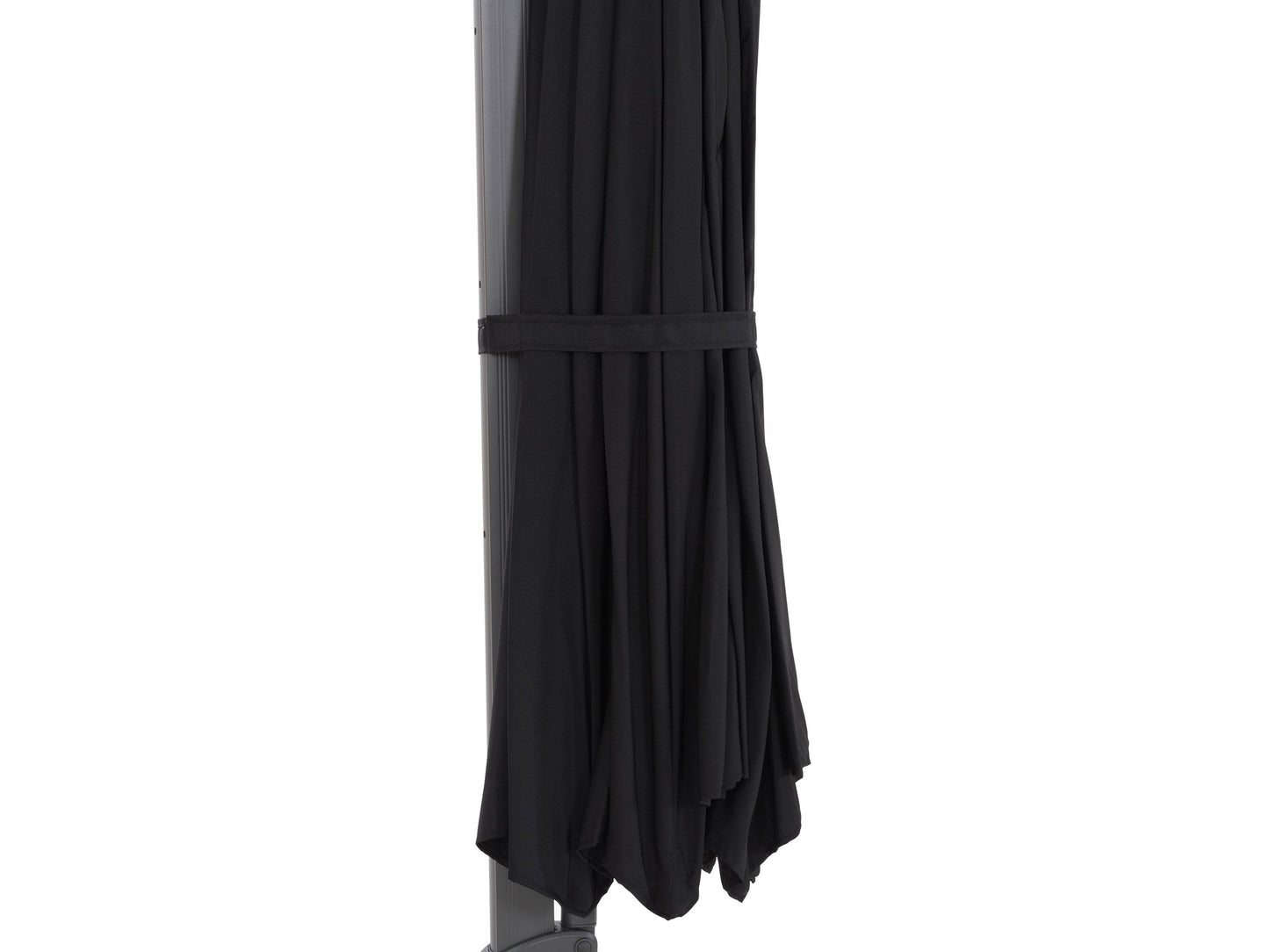 Black 11.5ft deluxe offset patio umbrella with sturdy aluminum frame, adjustable tilt, and UV-resistant canopy, providing ample shade for outdoor seating areas.