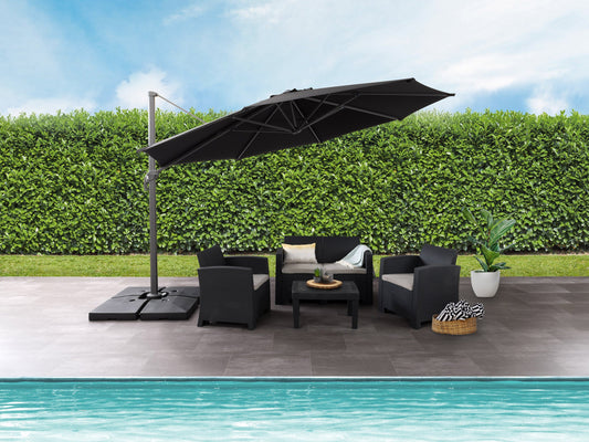 Black 11.5ft deluxe offset patio umbrella with sturdy aluminum frame, adjustable tilt, and UV-resistant canopy, providing ample shade for outdoor seating areas.