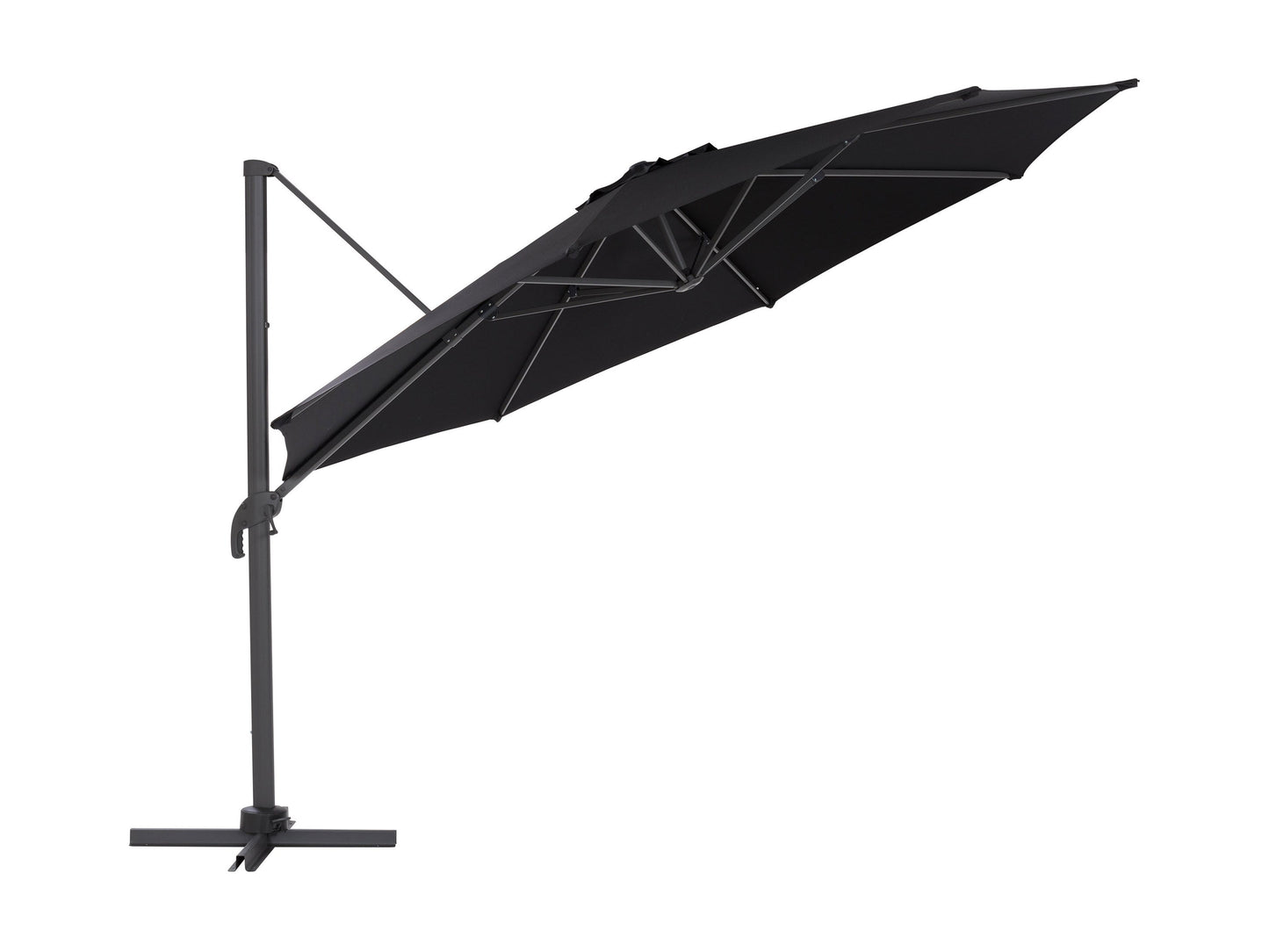 Black 11.5ft deluxe offset patio umbrella with sturdy aluminum frame, adjustable tilt, and UV-resistant canopy, providing ample shade for outdoor seating areas.