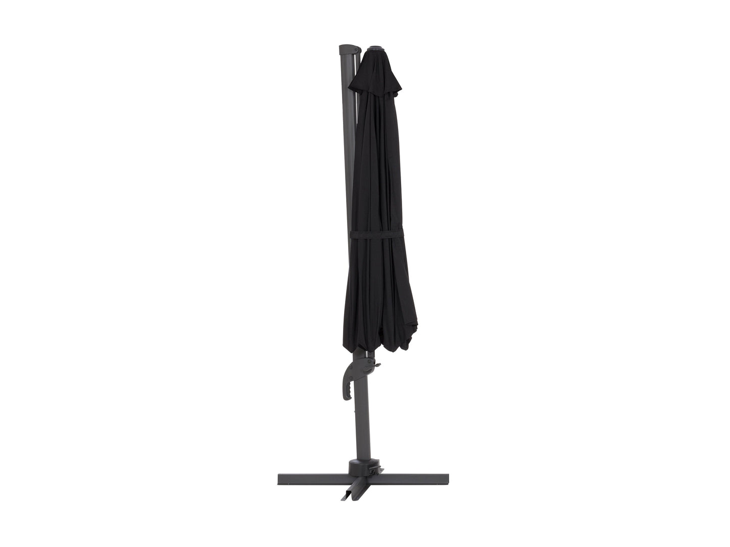 Black 11.5ft deluxe offset patio umbrella with sturdy aluminum frame, adjustable tilt, and UV-resistant canopy, providing ample shade for outdoor seating areas.