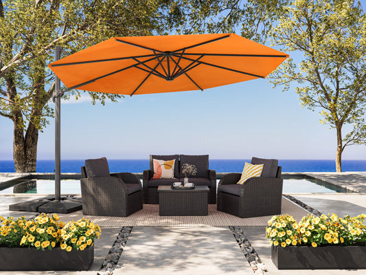 Orange 11.5ft deluxe offset patio umbrella with sturdy aluminum frame, UV-resistant fabric, and easy crank lift system, providing ample shade for outdoor seating areas. Perfect for gardens, patios, and decks.
