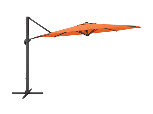 Orange 11.5ft deluxe offset patio umbrella with sturdy aluminum frame, UV-resistant fabric, and easy crank lift system, providing ample shade for outdoor seating areas. Perfect for gardens, patios, and decks.