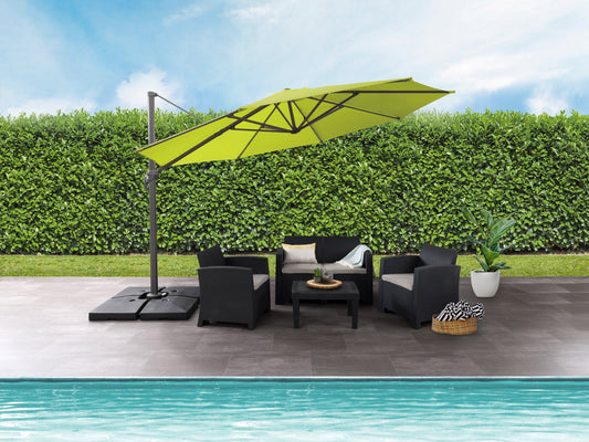Lime green 11.5ft deluxe offset patio umbrella with sturdy aluminum frame, easy tilt mechanism, and UV-resistant fabric, providing ample shade for outdoor spaces.