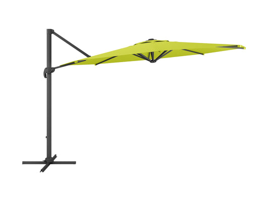Lime green 11.5ft deluxe offset patio umbrella with sturdy aluminum frame, easy tilt mechanism, and UV-resistant fabric, providing ample shade for outdoor spaces.