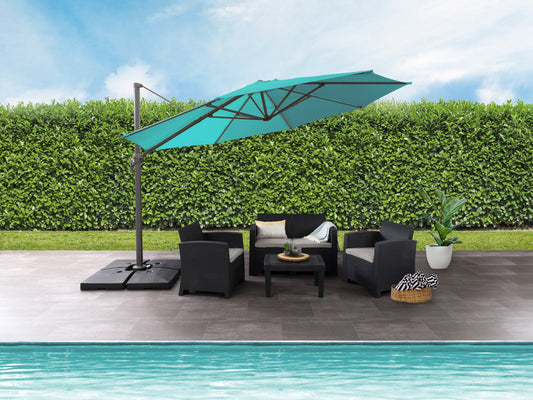 Turquoise 11.5ft deluxe offset patio umbrella with a sturdy aluminum frame, crank lift system, and UV-resistant fabric, providing ample shade for outdoor seating areas and enhancing patio decor.