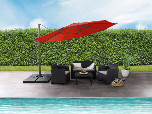 Crimson red deluxe offset patio umbrella with 11.5ft canopy, featuring a sturdy aluminum frame, adjustable tilt, and weather-resistant fabric, ideal for outdoor seating areas and garden decor.