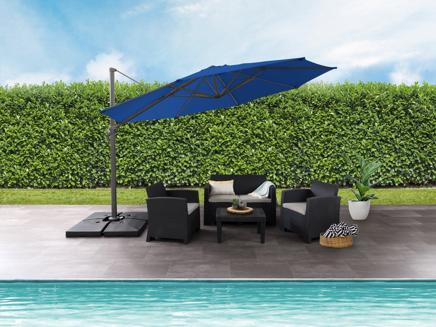 Alt Tag: Cobalt blue 11.5ft deluxe offset patio umbrella with sturdy metal frame, adjustable tilt, and UV-resistant fabric for outdoor shade.