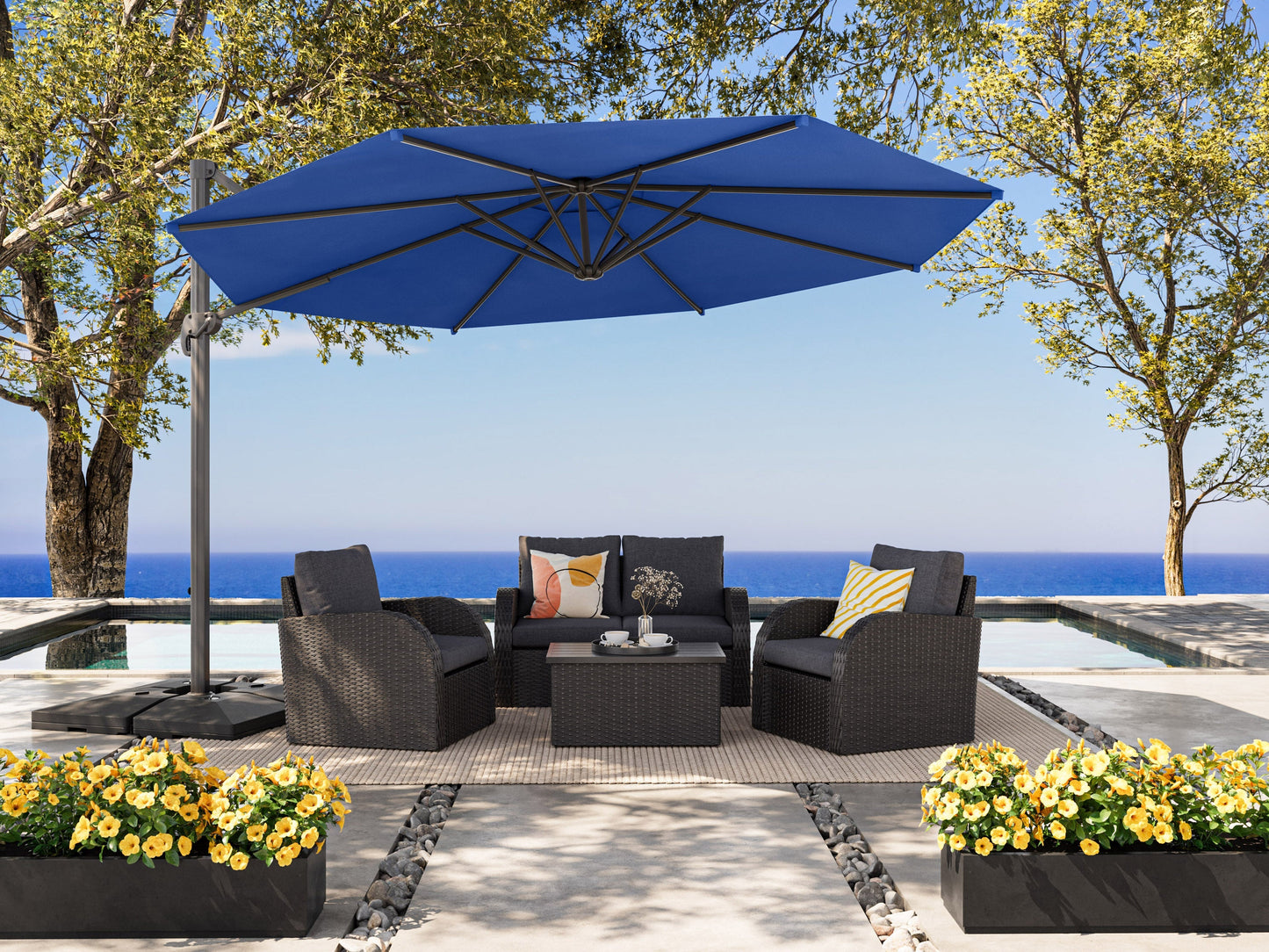 Alt Tag: Cobalt blue 11.5ft deluxe offset patio umbrella with sturdy metal frame, adjustable tilt, and UV-resistant fabric for outdoor shade.