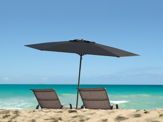Black 7.5ft beach umbrella with UV protection, sturdy aluminum pole, tilt feature, and vented canopy for wind resistance. Ideal for sun protection at the beach or poolside.