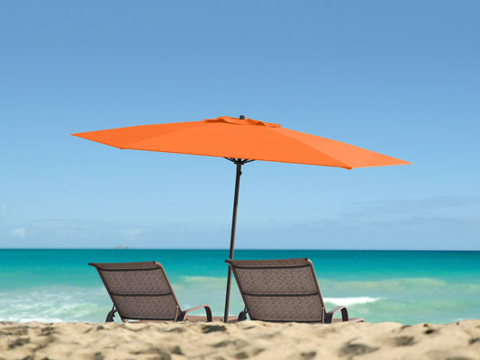 Bright orange 7.5ft beach umbrella with sturdy aluminum pole, UV-resistant fabric, and tilt mechanism for adjustable shade. Perfect for outdoor use, providing ample sun protection on sandy beaches or backyard patios.