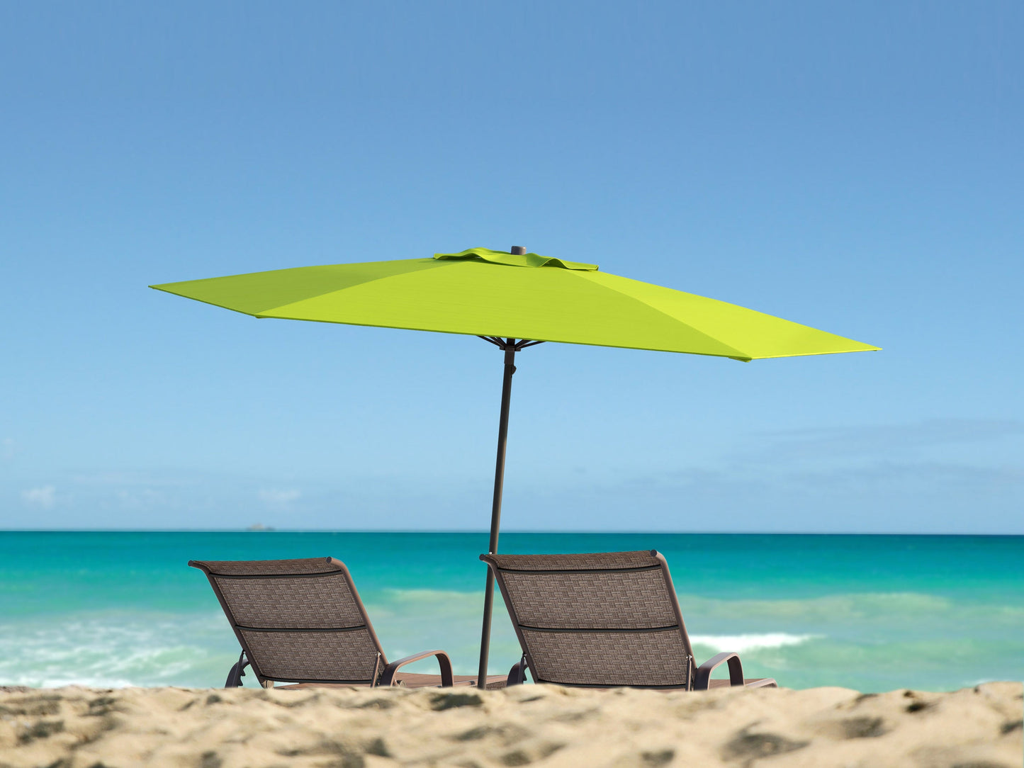 Lime green 7.5ft beach umbrella with UV protection, sturdy aluminum pole, and tilt feature for adjustable shade.