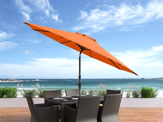 Orange 10ft wind-resistant patio umbrella with sturdy aluminum pole, adjustable tilt feature, and UV-resistant canopy. Ideal for outdoor spaces, providing ample shade and protection from the elements.