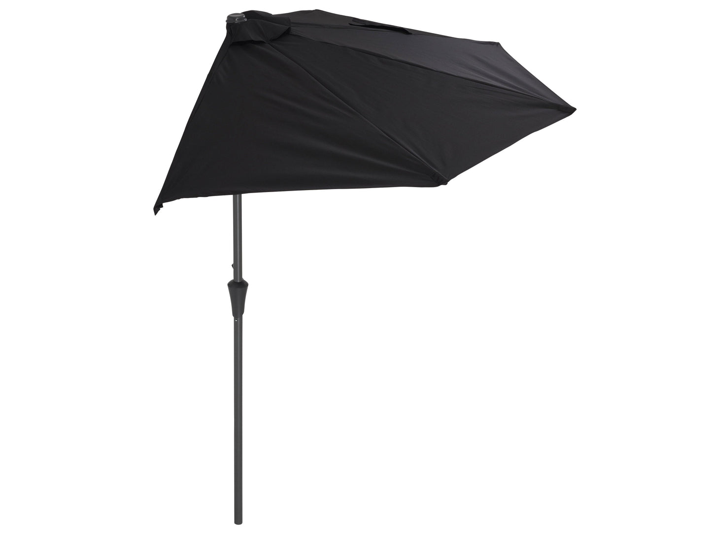 Black 8.5ft half umbrella with a durable metal frame, water-resistant polyester canopy, and crank handle for easy opening and closing, perfect for small patios and balconies.