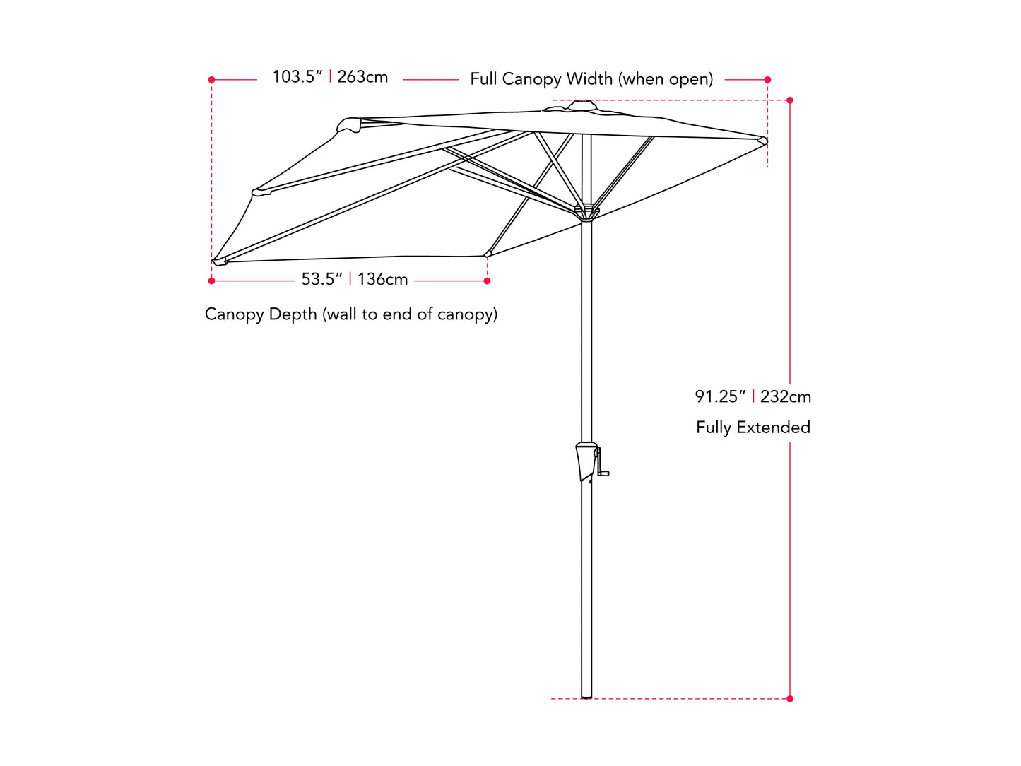 Black 8.5ft half umbrella with a durable metal frame, water-resistant polyester canopy, and crank handle for easy opening and closing, perfect for small patios and balconies.