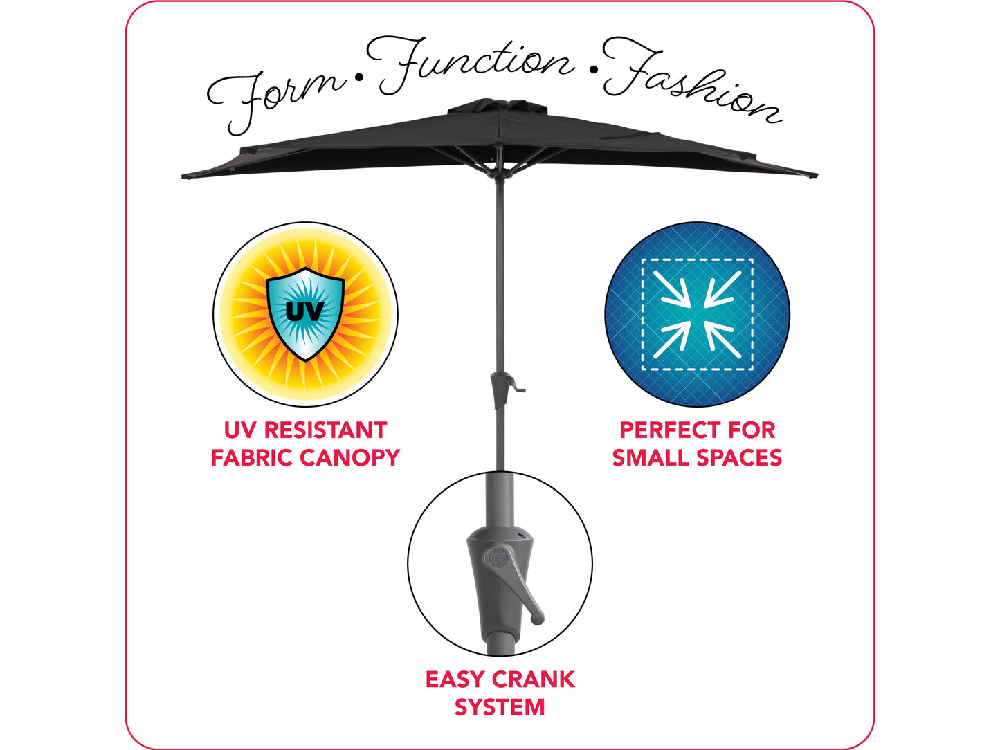 Black 8.5ft half umbrella with a durable metal frame, water-resistant polyester canopy, and crank handle for easy opening and closing, perfect for small patios and balconies.