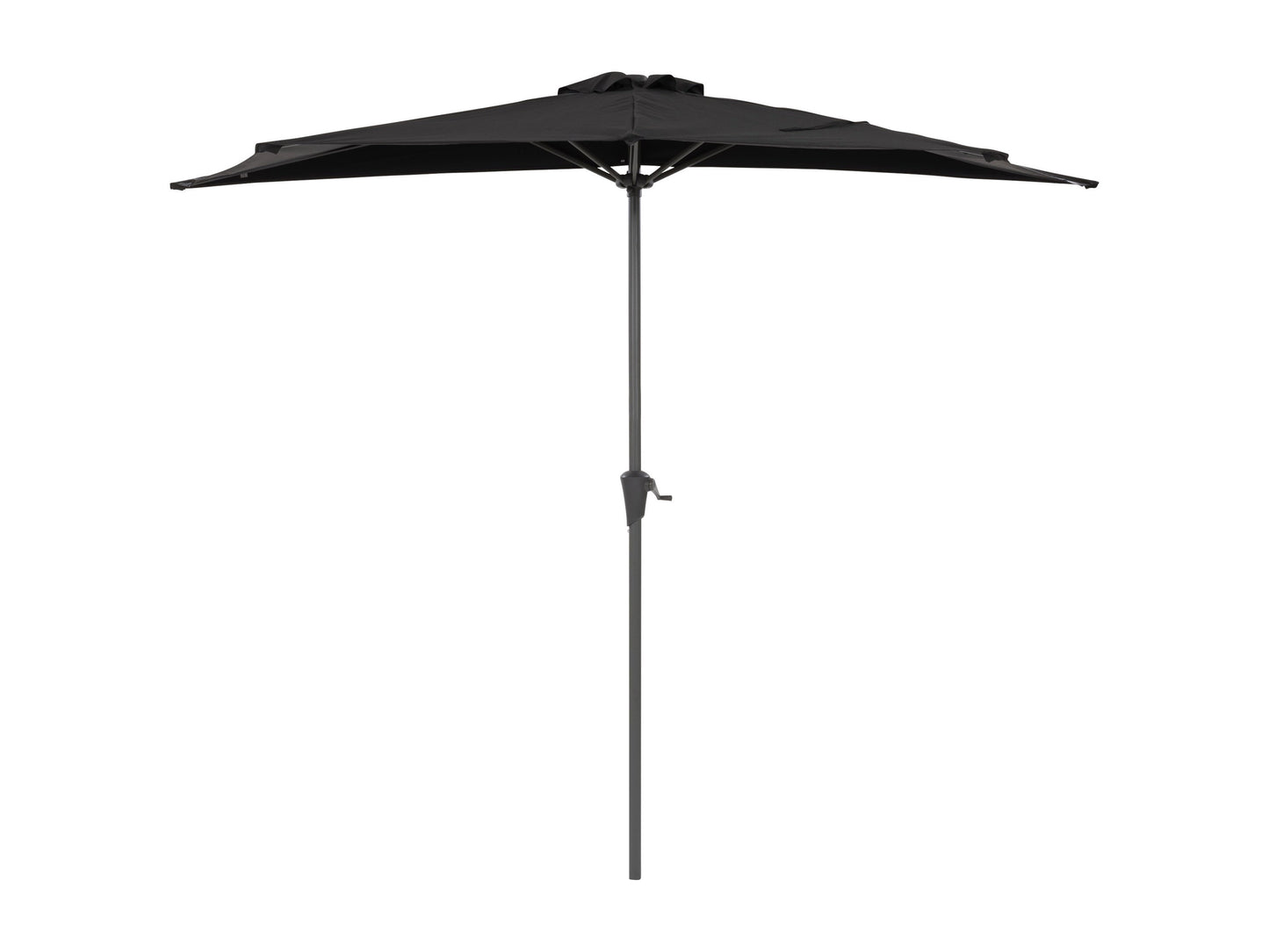 Black 8.5ft half umbrella with a durable metal frame, water-resistant polyester canopy, and crank handle for easy opening and closing, perfect for small patios and balconies.