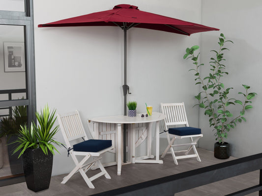 Red 8.5ft half umbrella with durable polyester fabric, sturdy aluminum frame, and crank lift system; perfect for small patios and balconies.