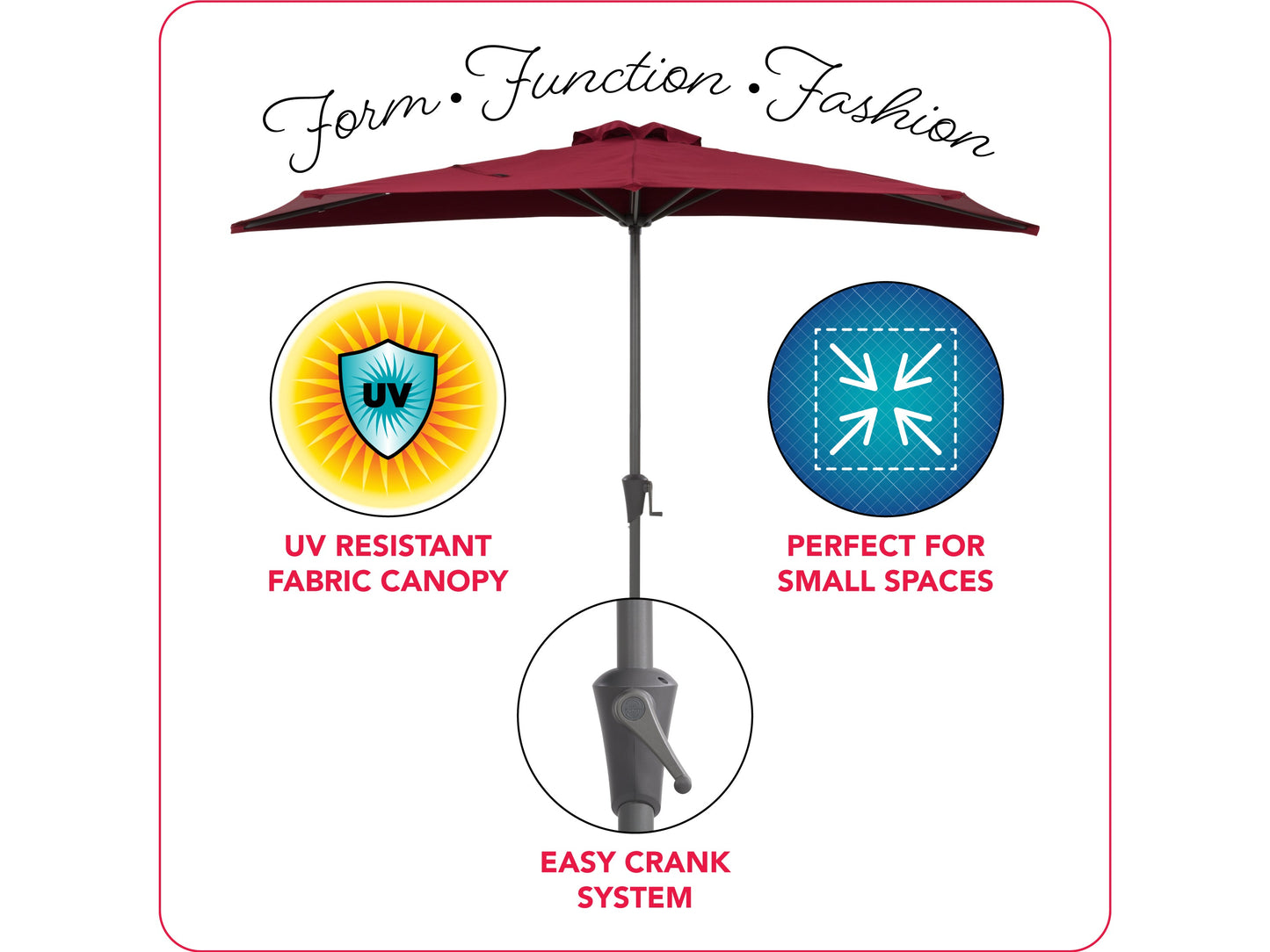 Red 8.5ft half umbrella with durable polyester fabric, sturdy aluminum frame, and crank lift system; perfect for small patios and balconies.
