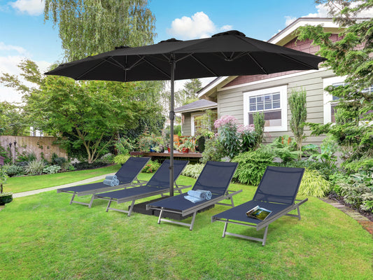 Black 15ft double patio umbrella with sturdy metal frame, UV-resistant fabric, and crank lift system, providing ample shade for outdoor seating areas. Ideal for large patios and garden spaces.