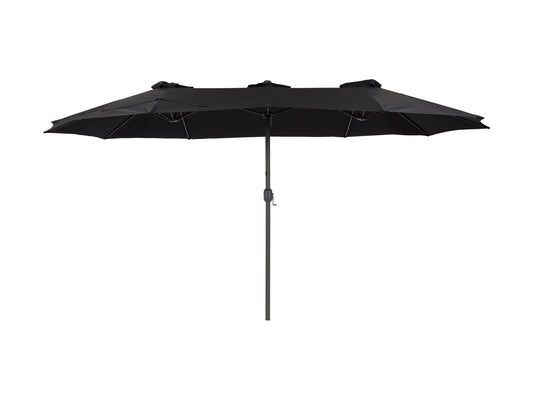 Black 15ft double patio umbrella with sturdy metal frame, UV-resistant fabric, and crank lift system, providing ample shade for outdoor seating areas. Ideal for large patios and garden spaces.