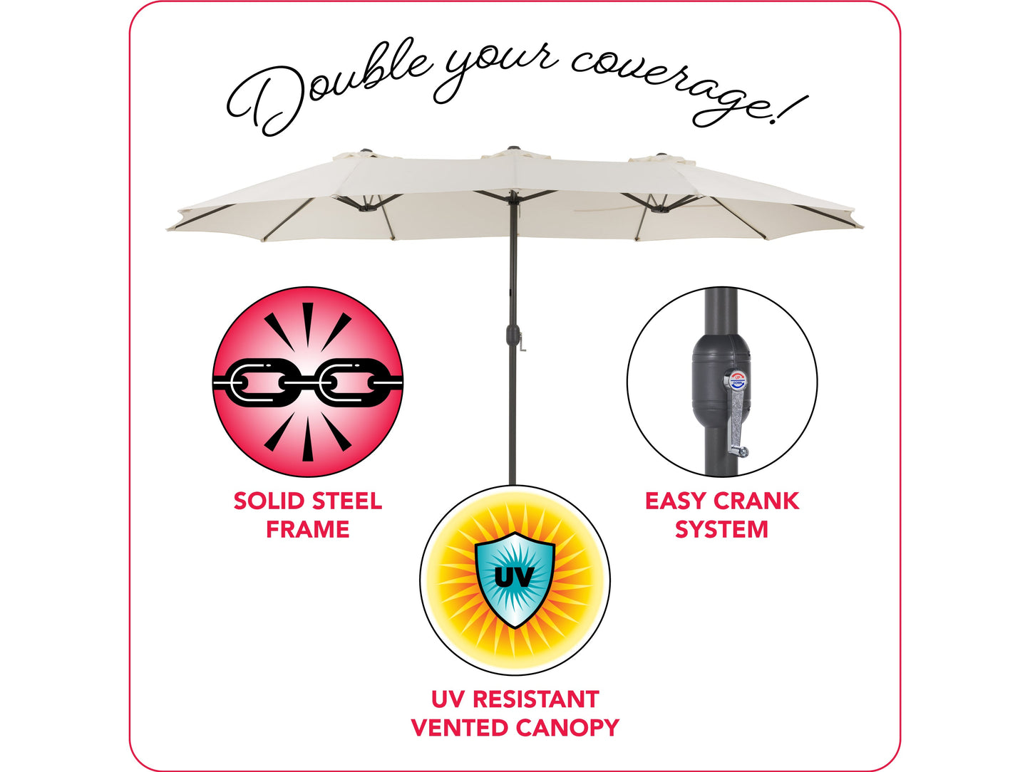 Double patio umbrella in warm white, 15ft wide, with durable aluminum frame, UV-resistant fabric, and crank lift system. Ideal for outdoor seating areas, providing ample shade and stylish décor.