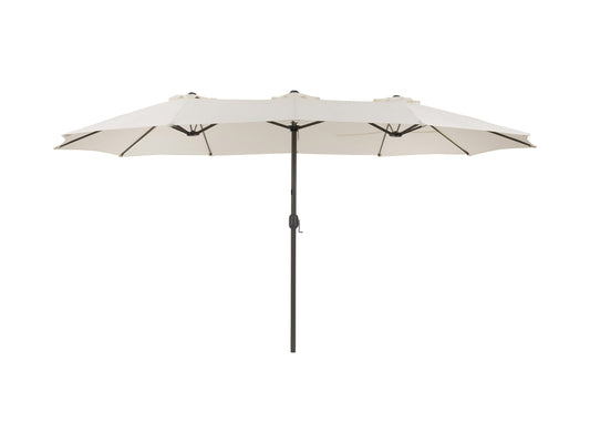 Double patio umbrella in warm white, 15ft wide, with durable aluminum frame, UV-resistant fabric, and crank lift system. Ideal for outdoor seating areas, providing ample shade and stylish décor.