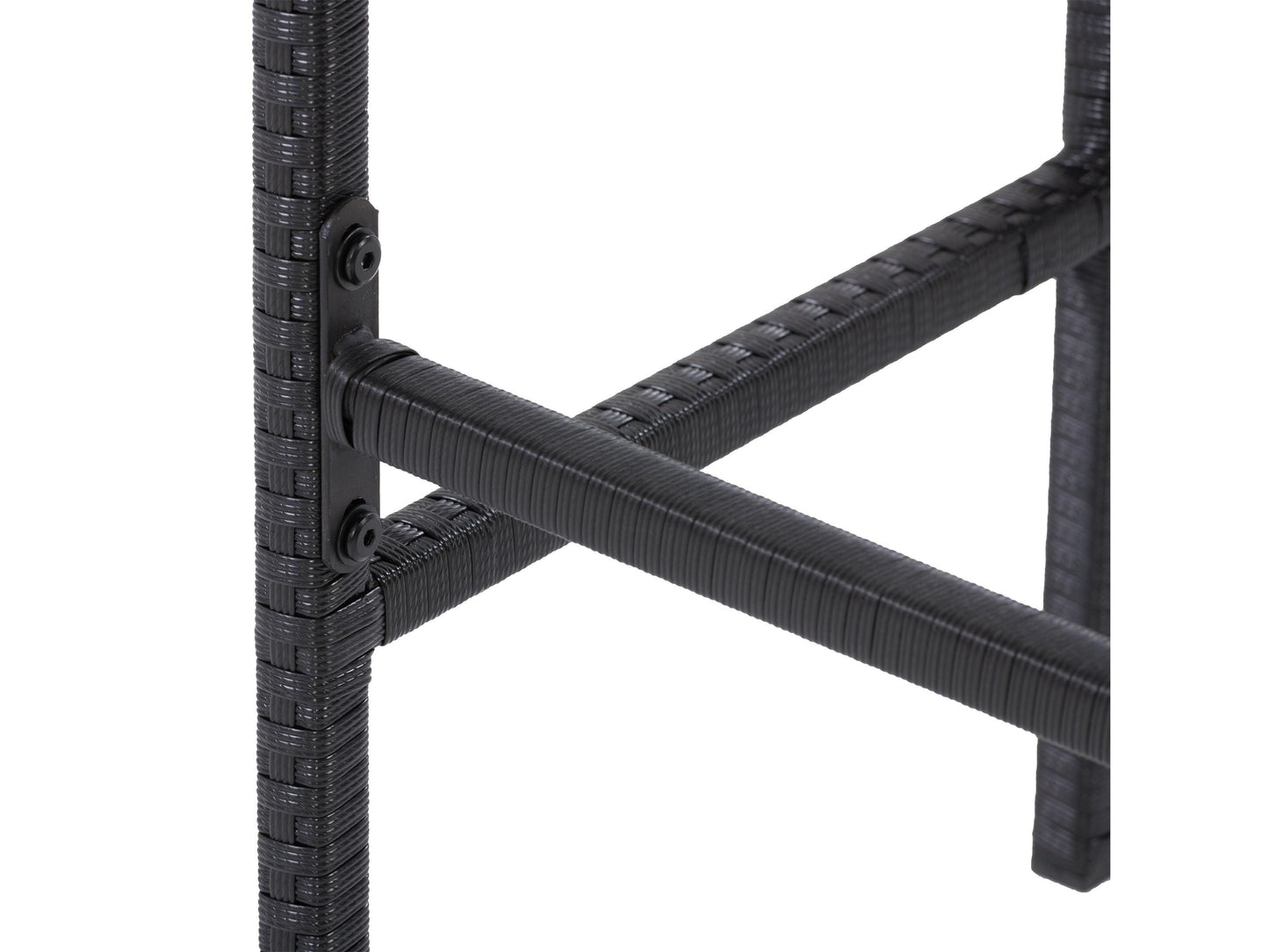 Three-piece patio bar set featuring a high table and two bar stools with beige cushions, crafted from durable, weather-resistant dark brown wicker, perfect for outdoor entertaining and relaxation.