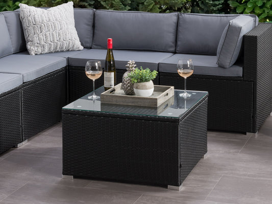 Black square outdoor coffee table with sleek metal frame, slatted top, and weather-resistant finish, ideal for patios and garden spaces.