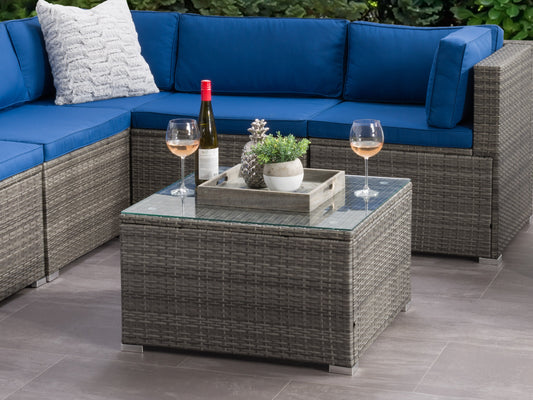 Grey square outdoor coffee table made from weather-resistant materials with a sleek, minimalist design and smooth finish, perfect for patio or garden use.