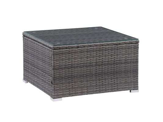 Grey square outdoor coffee table made from weather-resistant materials with a sleek, minimalist design and smooth finish, perfect for patio or garden use.
