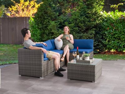 blended grey weave and oxford blue 5-Piece Patio Wicker Sectional Set Parksville Collection lifestyle scene by CorLiving#color_blended-grey-weave-and-oxford-blue
