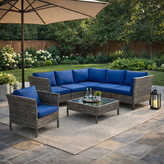 Grey and Blue L Shaped Outdoor Sectional 7pc - FINAL SALE ITEM