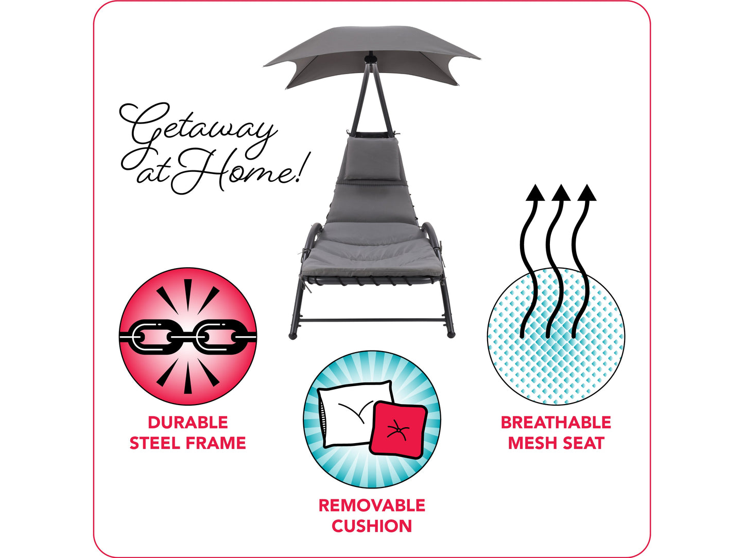 Grey patio lounge chair with canopy, featuring a sleek metal frame, comfortable cushioned seat, and adjustable reclining positions. Ideal for outdoor relaxation, UV-resistant fabric ensures durability and longevity.