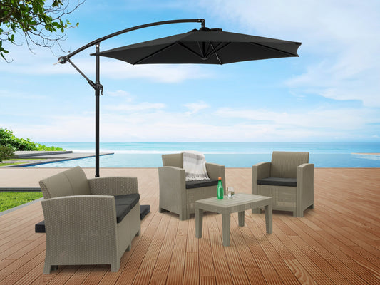 Black 9ft cantilever patio umbrella with tilting feature, durable fabric canopy, and sturdy metal frame, ideal for outdoor shade on patios or decks.