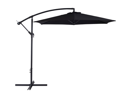 Black 9ft cantilever patio umbrella with tilting feature, durable fabric canopy, and sturdy metal frame, ideal for outdoor shade on patios or decks.