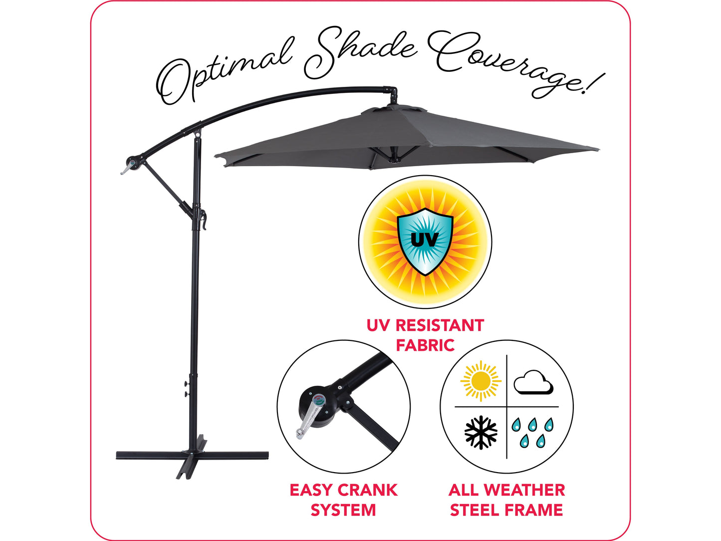 Grey 9ft cantilever patio umbrella with tilting feature, sturdy aluminum frame, weather-resistant fabric, and crank lift system, ideal for outdoor shade on patios or gardens.