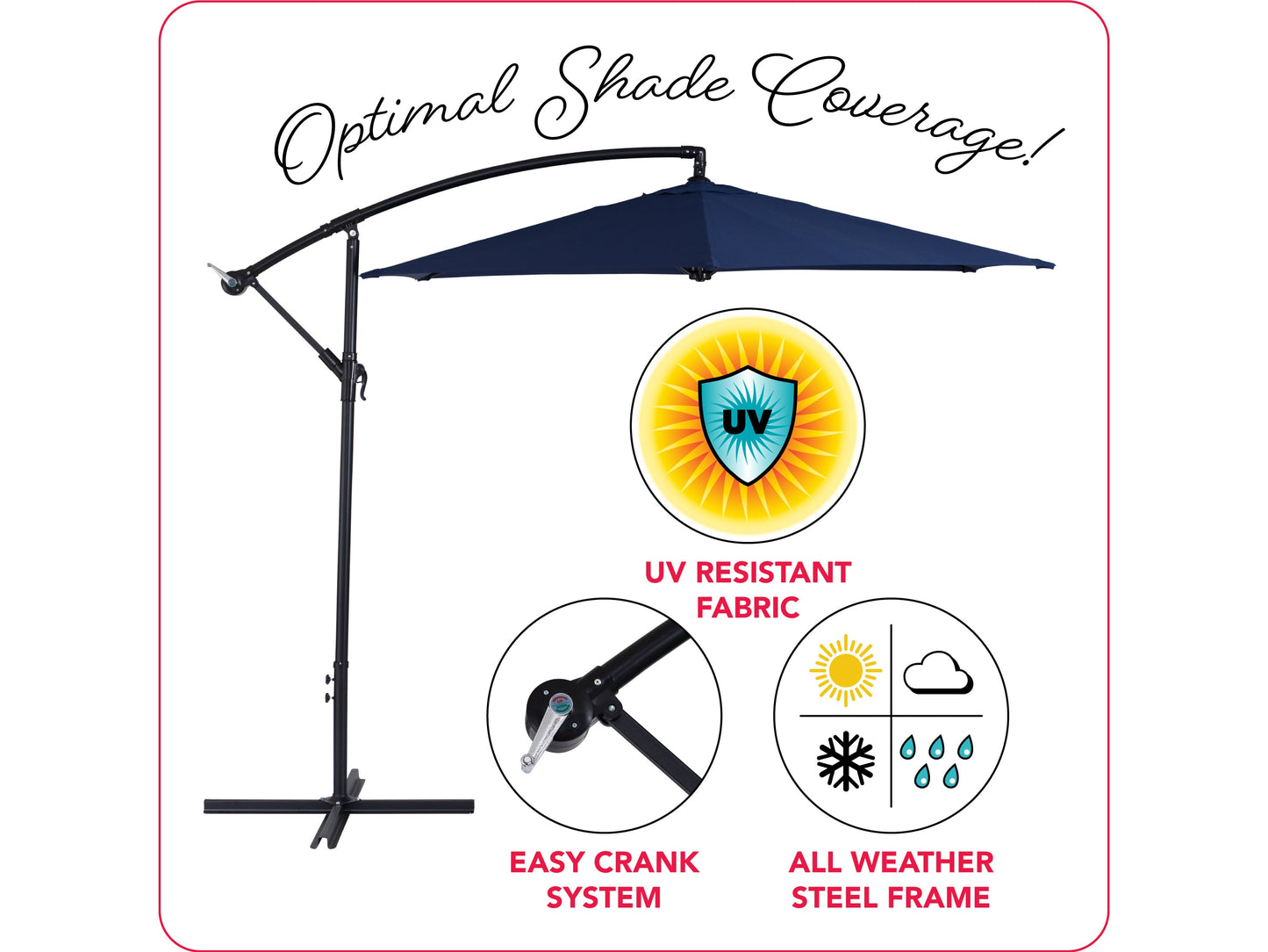 Navy blue 9ft cantilever patio umbrella with tilting feature, sturdy aluminum frame, and UV-resistant fabric, perfect for providing shade in outdoor spaces.