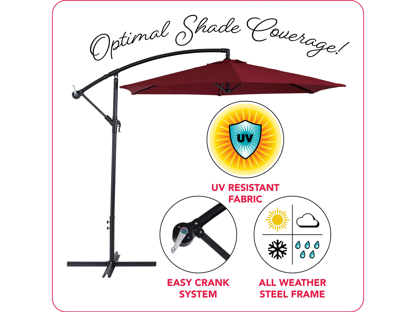 Wine red 9ft cantilever patio umbrella with tilting feature, sturdy aluminum frame, UV-resistant fabric, and crank lift system for easy adjustment. Perfect for outdoor spaces like patios, gardens, and poolside areas.