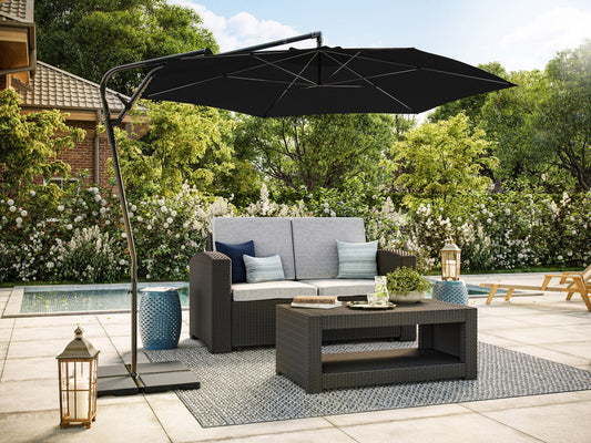 Black 10ft cantilever patio umbrella with tilting feature, sturdy aluminum frame, and UV-resistant fabric, providing ample shade for outdoor seating areas.