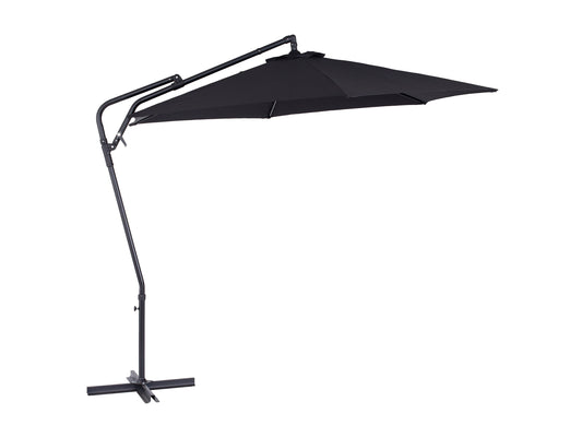 Black 10ft cantilever patio umbrella with tilting feature, sturdy aluminum frame, and UV-resistant fabric, providing ample shade for outdoor seating areas.