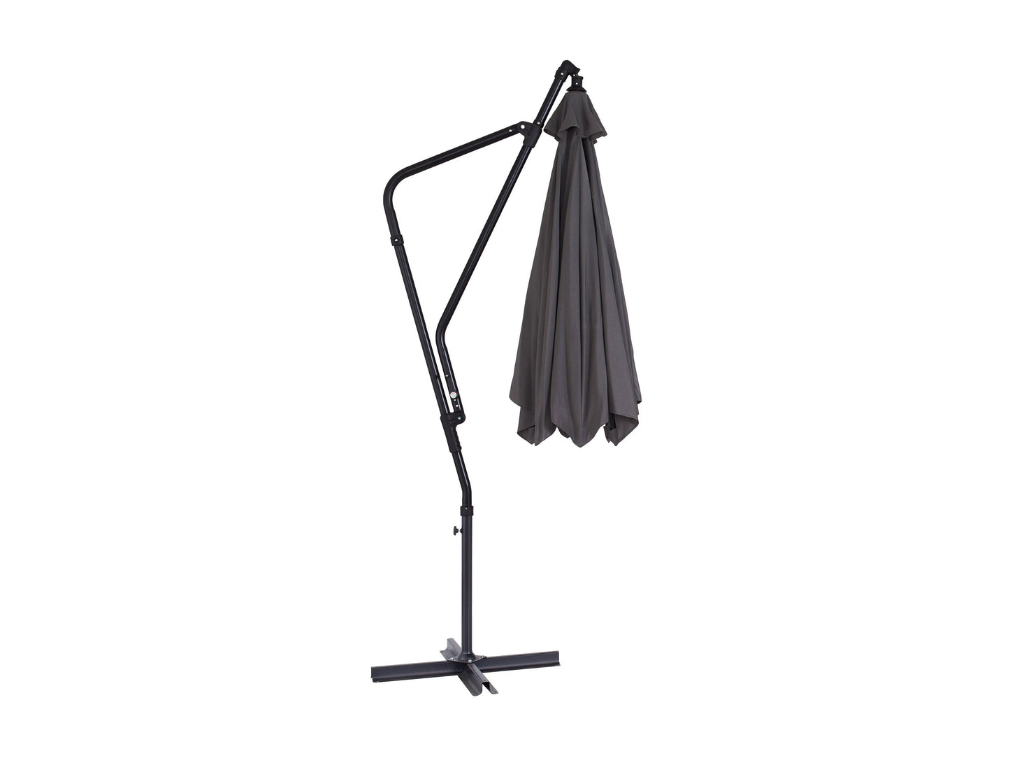 10ft grey cantilever patio umbrella with adjustable tilting mechanism, sturdy aluminum frame, and weather-resistant fabric, providing ample shade for outdoor seating areas.
