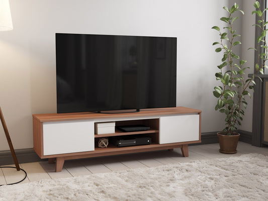 White and dark brown wood TV stand with two open shelves and two cabinets, suitable for TVs up to 68 inches. Features a modern design with a smooth finish, perfect for contemporary living rooms.