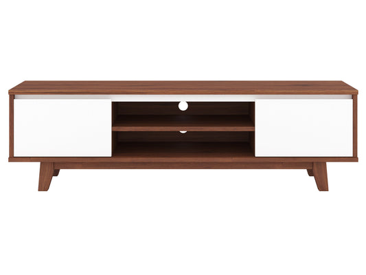 White and dark brown wood TV stand with two open shelves and two cabinets, suitable for TVs up to 68 inches. Features a modern design with a smooth finish, perfect for contemporary living rooms.